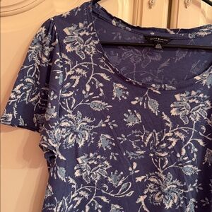Lucky Brand floral t shirt top damask denim blue cotton flowers L boho bohemian
